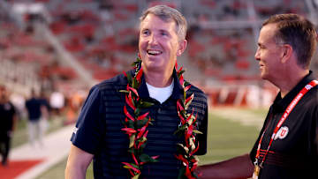 Sep 28, 2024; Salt Lake City, Utah, USA; Arizona Wildcats head coach Brent Brennan before a game against the Utah Utes at Rice-Eccles Stadium. Mandatory Credit: Rob Gray-Imagn Images