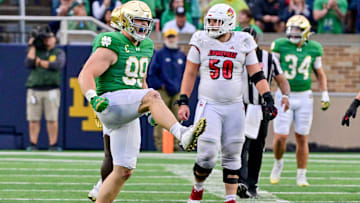 Sep 28, 2024; South Bend, Indiana, USA; Notre Dame Fighting Irish defensive lineman Rylie Mills (99) celebrates after a sack against the Louisville Cardinals in the fourth quarter at Notre Dame Stadium. Mandatory Credit: Matt Cashore-Imagn Images