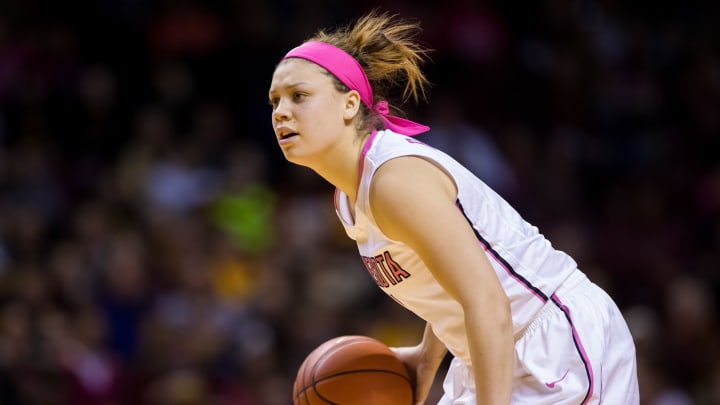 Feb 15, 2016; Minneapolis, MN, USA; Minnesota Gophers guard Rachel Banham (1) dribbles in the third quarter against the Iowa Hawkeyes at Williams Arena. Mandatory Credit: Brad Rempel-USA TODAY Sports