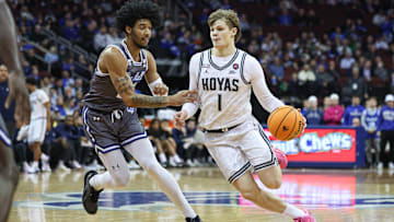 Feb 7, 2024; Newark, New Jersey, USA; Georgetown Hoyas guard Rowan Brumbaugh (1) dribbles against Seton Hall Pirates guard Isaiah Coleman (21) during the first half at Prudential Center.