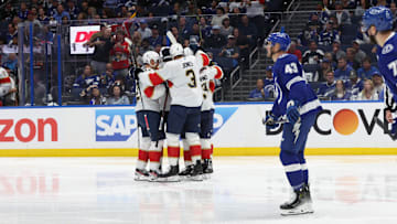 Apr 30, 2025; Tampa, Florida, USA; Florida Panthers center Aleksander Barkov (16) is congratulated  after he scored a goal against the Tampa Bay Lightning during the second period of game five of the first round of the 2025 Stanley Cup Playoffs at Amalie Arena. Mandatory Credit: Kim Klement Neitzel-Imagn Images