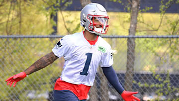 May 11, 2024; Foxborough, MA, USA; New England Patriots wide receiver Ja'Lynn Polk (1) arrives at practice at the New England Patriots rookie camp at Gillette Stadium.  Mandatory Credit: Eric Canha-USA TODAY Sports