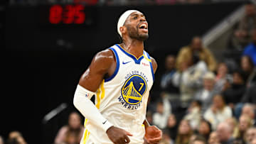 Golden State Warriors guard Buddy Hield on the court against the Utah Jazz