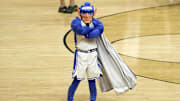 Apr 5, 2025; San Antonio, TX, USA; The Duke Blue Devils mascot performs during the second half in the semifinals of the men's Final Four of the 2025 NCAA Tournament at Almodome. Mandatory Credit: Scott Wachter-Imagn Images