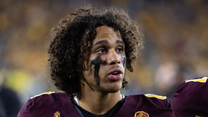 Nov 28, 2025; Tempe, Arizona, USA; Arizona State Sun Devils wide receiver Jordyn Tyson (0) against the Arizona Wildcats during the 99th Territorial Cup at Mountain America Stadium. Mandatory Credit: Mark J. Rebilas-Imagn Images