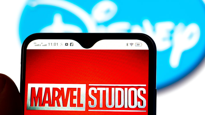 In this photo illustration, the Marvel Studios logo is seen...