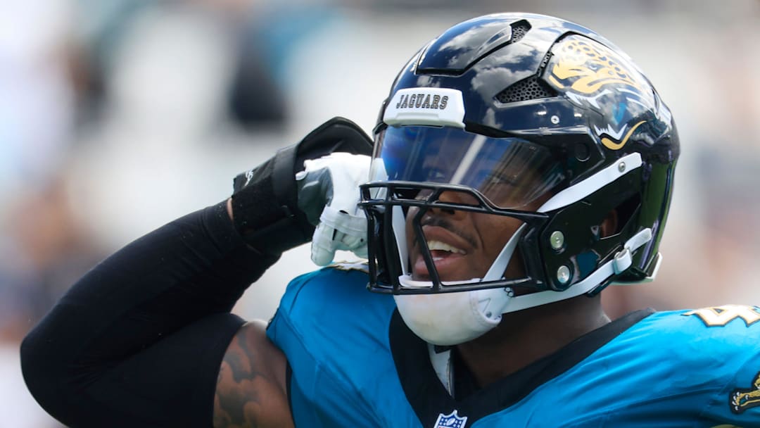 Jacksonville Jaguars defensive end Travon Walker (44) flexes after a sack on Houston Texans quarterback CJ. Stroud (7) during the first quarter of an NFL football matchup at EverBank Stadium, Sunday, Sept. 21, 2025, in Jacksonville, Fla. [Corey Perrine/Florida Times-Union]