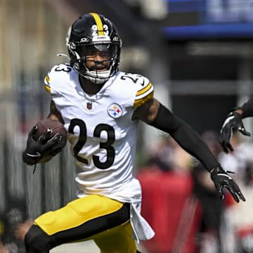 Sep 21, 2025; Foxborough, Massachusetts, USA; Pittsburgh Steelers cornerback Darius Slay (23) reacts after a fumble recovery during the first quarter at Gillette Stadium. Mandatory Credit: Brian Fluharty-Imagn Images