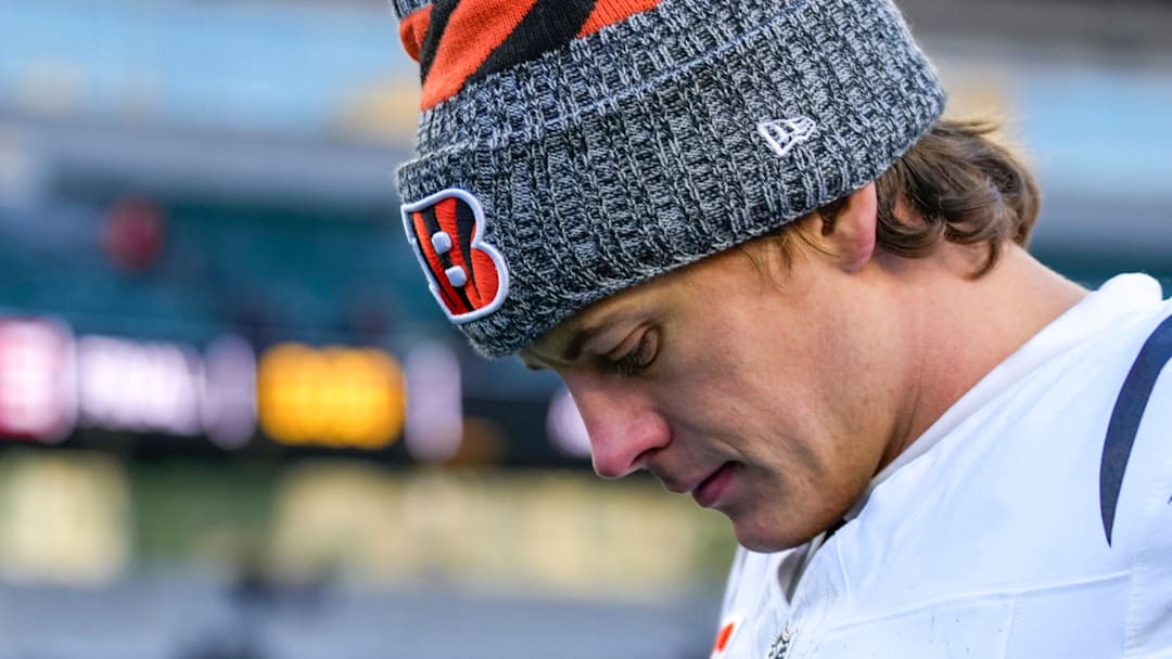Cincinnati Bengals quarterback Joe Burrow (9) walks for the locker room after the fourth quarter of the NFL Week 15 game between the Cincinnati Bengals and the Baltimore Ravens at Paycor Stadium in Cincinnati on Sunday, Dec. 14, 2025. The Bengals were shut out, 24-0.