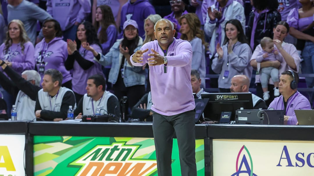 Feb 11, 2025; Manhattan, Kansas, USA; Kansas State Wildcats head coach Jerome Tang questions a call by the official in the second half against the Arizona Wildcats at Bramlage Coliseum. Mandatory Credit: Scott Sewell-Imagn Images