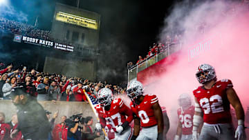 Ohio State head coach Ryan Day and the Buckeyes take the field before the NCAA college football game against the UCLA Bruins at Ohio Stadium on Saturday, Nov. 15, 2025 in Columbus, Ohio.