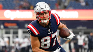 Aug 10, 2023; Foxborough, Massachusetts, USA; New England Patriots tight end Matt Sokol (87) warms up before a game against the Houston Texans at Gillette Stadium. Mandatory Credit: Eric Canha-Imagn Images