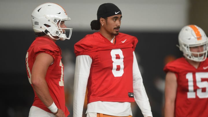 Tennessee’s Nico Iamaleava (8)during Tennessee football’s first fall practice, in Knoxville, Tenn., Wednesday, July 31, 2024.