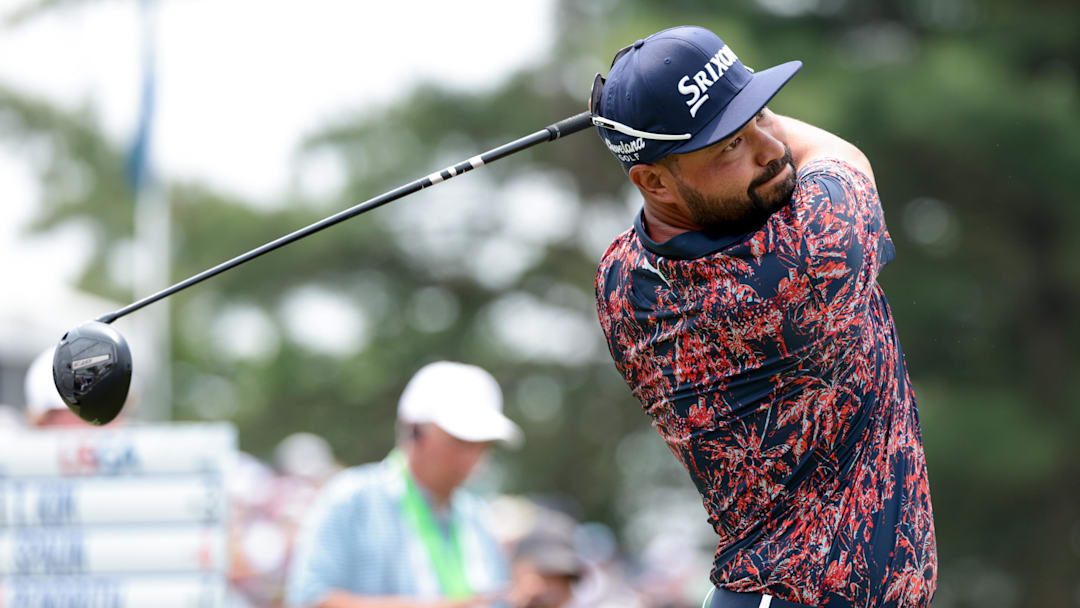 Jun 13, 2025; Oakmont, Pennsylvania, USA; JJ Spaun plays his shot from the third tee during the second round of the U.S. Open golf tournament. 