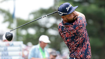 Jun 13, 2025; Oakmont, Pennsylvania, USA; JJ Spaun plays his shot from the third tee during the second round of the U.S. Open golf tournament. 