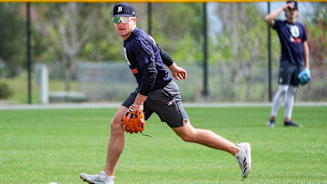 Detroit Tigers prospect Kevin McGonigle practices during spring training at TigerTown in Lakeland on Friday, Feb. 20, 2025.