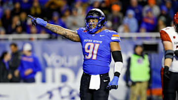 Nov 1, 2024; Boise, Idaho, USA; Boise State Broncos defensive end Ahmed Hassanein (91) reacts during the second half against the San Diego State Aztecs at Albertsons Stadium. Boise State defeats San Diego State  56-24. Mandatory Credit: Brian Losness-Imagn Images


