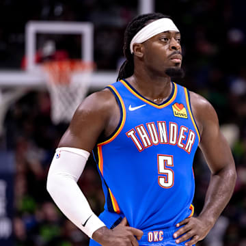 Apr 29, 2024; New Orleans, Louisiana, USA; Oklahoma City Thunder guard Luguentz Dort (5) looks on against the New Orleans Pelicans during the first half of game four of the first round for the 2024 NBA playoffs at Smoothie King Center. Mandatory Credit: Stephen Lew-Imagn Images