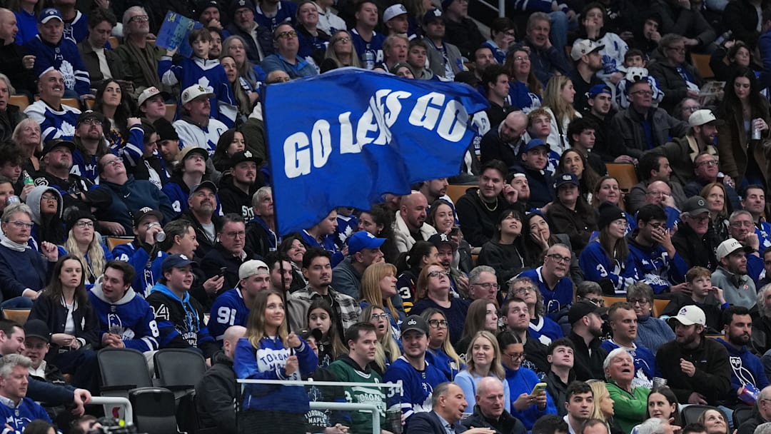 Jan 6, 2026; Toronto, Ontario, CAN; Toronto Maple Leafs fans show their support against the Florida Panthers during the third period at Scotiabank Arena. Mandatory Credit: Nick Turchiaro-Imagn Images