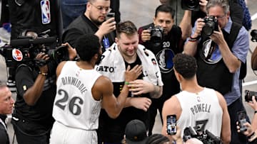 Los Angeles Lakers guard Luka Doncic and Dallas Mavericks guard Spencer Dinwiddie after their NBA regular season game