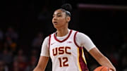 Jan 12, 2025; Los Angeles, California, USA; USC Trojans guard JuJu Watkins (12) during the fourth quarter against the Penn State Nittany Lions at Galen Center. Mandatory Credit: Robert Hanashiro-Imagn Images
