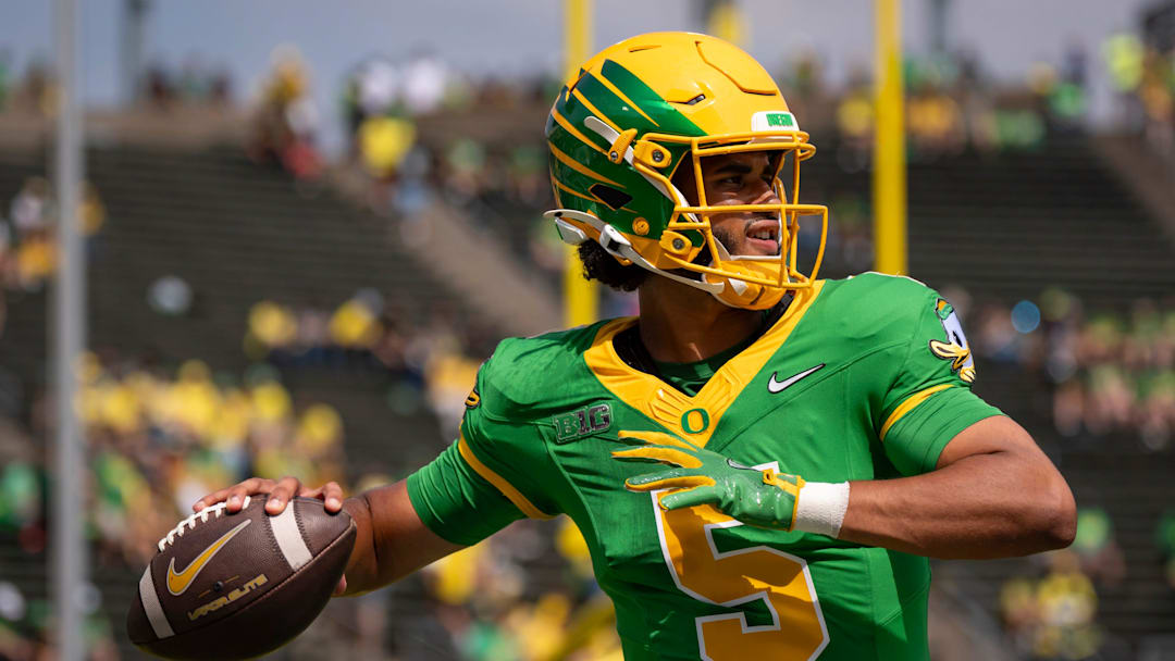 Oregon quarterback Dante Moore throws a pass during warmups as the Oregon Ducks host the Montana State Bobcats on Aug. 30, 2025, at Autzen Stadium in Eugene, Oregon.