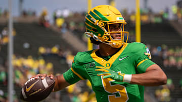 Oregon quarterback Dante Moore throws a pass during warmups as the Oregon Ducks host the Montana State Bobcats on Aug. 30, 2025, at Autzen Stadium in Eugene, Oregon.