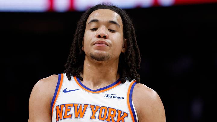 Feb 6, 2026; Detroit, Michigan, USA;  New York Knicks forward Pacome Dadiet (4) walks off the court after the game against the Detroit Pistons at Little Caesars Arena. Mandatory Credit: Rick Osentoski-Imagn Images