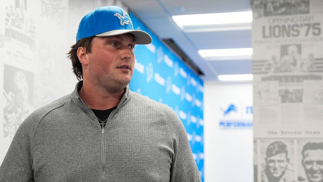 Detroit Lions first round draft Blake Miller walks off the podium after speaking at the introductory press conference at Meijer Performance Center in Allen Park on Friday, April 24, 2026.