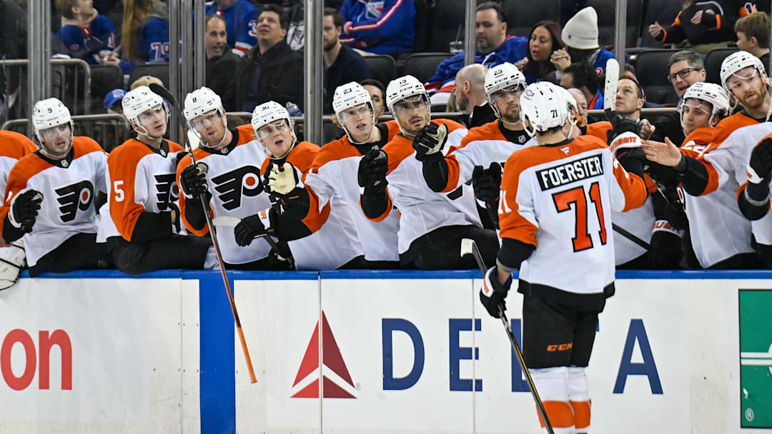 Apr 9, 2025; New York, New York, USA;  Philadelphia Flyers right wing Tyson Foerster (71) celebrates his goal against the New York Rangers during the third period at Madison Square Garden. 