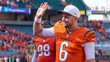 Cincinnati Bengals quarterback Jake Browning (6) waves to fans after the fourth quarter of the NFL Week 2 game between the Cincinnati Bengals and the Jacksonville Jaguars at Paycor Stadium in downtown Cincinnati on Sunday, Sept. 14, 2025. The Bengals came back from a halftime deficit to win 31-27.