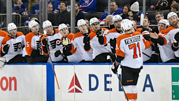 Apr 9, 2025; New York, New York, USA;  Philadelphia Flyers right wing Tyson Foerster (71) celebrates his goal against the New York Rangers during the third period at Madison Square Garden. 