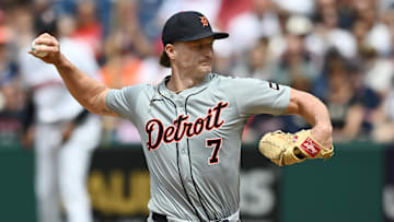 Jul 25, 2024; Cleveland, Ohio, USA; Detroit Tigers relief pitcher Shelby Miller (7) throws a pitch during the ninth inning against the Cleveland Guardians at Progressive Field. Mandatory Credit: Ken Blaze-Imagn Images