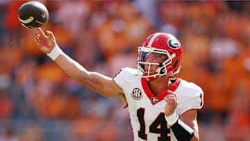 Georgia Bulldogs quarterback Gunner Stockton throws a pass during the second half against the Tennessee Volunteers at Neyland Stadium.