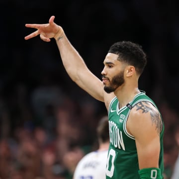 Jun 17, 2024; Boston, Massachusetts, USA; Boston Celtics forward Jayson Tatum (0) reacts after a play against the Dallas Mavericks during the second quarter in game five of the 2024 NBA Finals at TD Garden. Mandatory Credit: Peter Casey-USA TODAY Sports