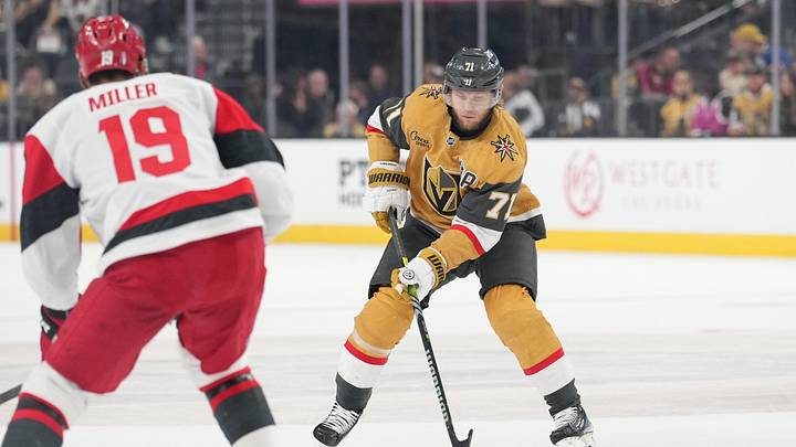 Jun 9, 2026; Las Vegas, Nevada, USA; Vegas Golden Knights center William Karlsson (71) looks to pass during the 1st period against the Carolina Hurricanes in game four of the 2026 Stanley Cup Final at T-Mobile Arena. Mandatory Credit: Lucas Peltier-Imagn Images