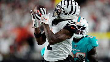 Cincinnati Bengals wide receiver Ja'Marr Chase (1) catches a deep pass over Miami Dolphins cornerback Keion Crossen (27) in the fourth quarter of the NFL Week 4 game between the Cincinnati Bengals and the Miami Dolphins at PayCor Stadium in downtown on Thursday, Sept. 29, 2022. The Bengals improved to 2-2 with a 27-15 win over the Dolphins.

Miami Dolphins At Cincinnati Bengals Week 4
