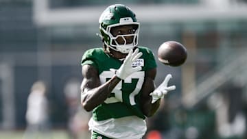 Jul 25, 2025; Florham Park, NJ, USA; New York Jets wide receiver Brandon Smith (87) participates in a drill during training camp at Atlantic Health Jets Training Center. Mandatory Credit: John Jones-Imagn Images