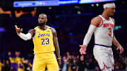 Los Angeles Lakers forward LeBron James reacts against the New York Knicks during the second half at Crypto.com Arena.