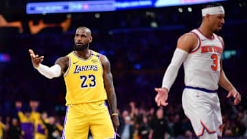 Los Angeles Lakers forward LeBron James reacts against the New York Knicks during the second half at Crypto.com Arena.