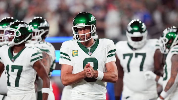 New York Jets QB Aaron Rodgers during the 2023 season opener.