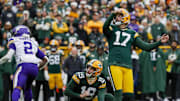 Nov 23, 2025; Green Bay, Wisconsin, USA; Green Bay Packers place kicker Brandon McManus (17) watches as his field goal attempt sails through the uprights against the Minnesota Vikings in the game at Lambeau Field. Mandatory Credit: Tork Mason-USA TODAY Network via Imagn Images