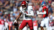 Oct 11, 2025; Oxford, Mississippi, USA; Washington State Cougars wide reciever Tony Freeman (0) reacts after a catch during the third quarter against the Mississippi Rebels at Vaught-Hemingway Stadium. Mandatory Credit: Petre Thomas-Imagn Images