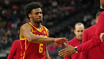 Mar 13, 2024; Las Vegas, NV, USA; USC Trojans guard Bronny James (6) returns to the bench in a game against the Washington Huskies during the second half at T-Mobile Arena. Mandatory Credit: Stephen R. Sylvanie-Imagn Images