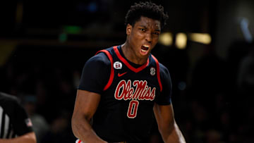 Feb 22, 2025; Nashville, Tennessee, USA; Mississippi Rebels forward Malik Dia (0) reacts after a called foul against the Vanderbilt Commodores during the second half at Memorial Gymnasium. Mandatory Credit: Steve Roberts-Imagn Images
