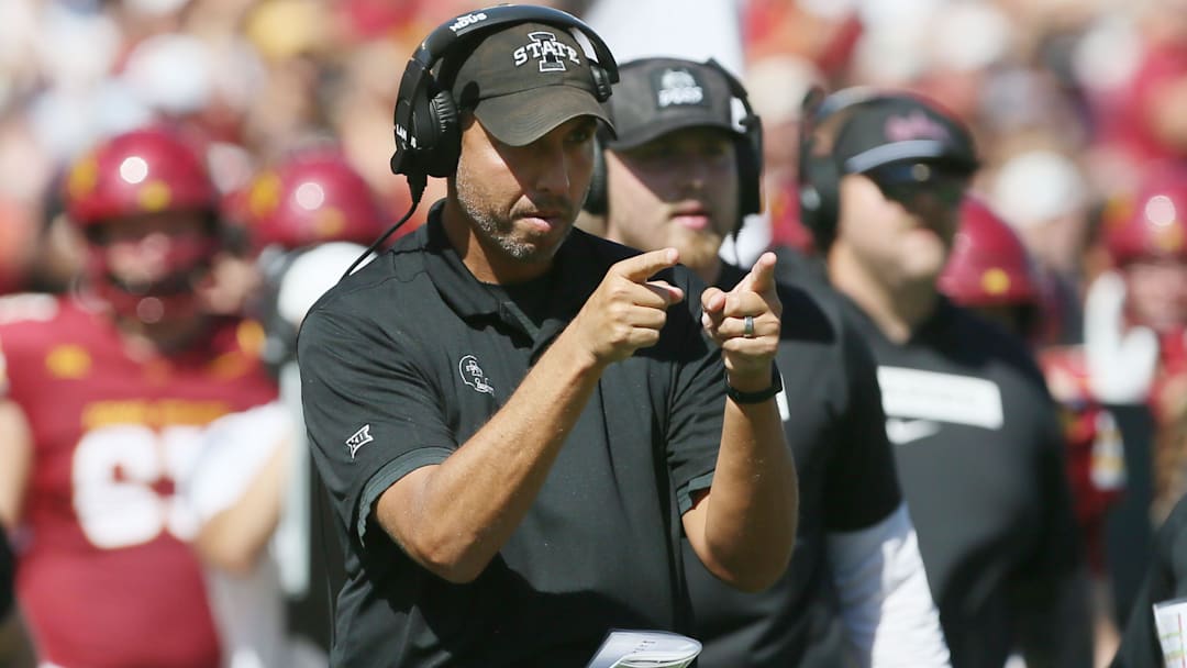 Iowa State Cyclones head coach Matt Campbell reacts after a touchdown against Arkansas State. Iowa State Cyclones head coach Matt Campbell reacts after a touchdown against Arkansas State.