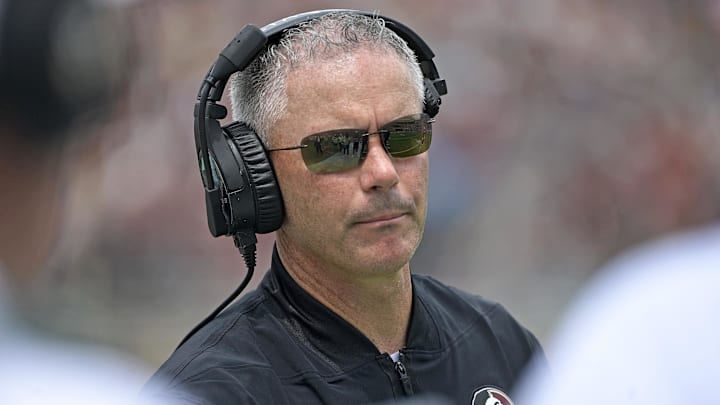 Sep 6, 2025; Tallahassee, Florida, USA; Florida State Seminoles head coach Mike Norvell during the second half against the East Texas A&M Lions at Doak S. Campbell Stadium. Mandatory Credit: Melina Myers-Imagn Images