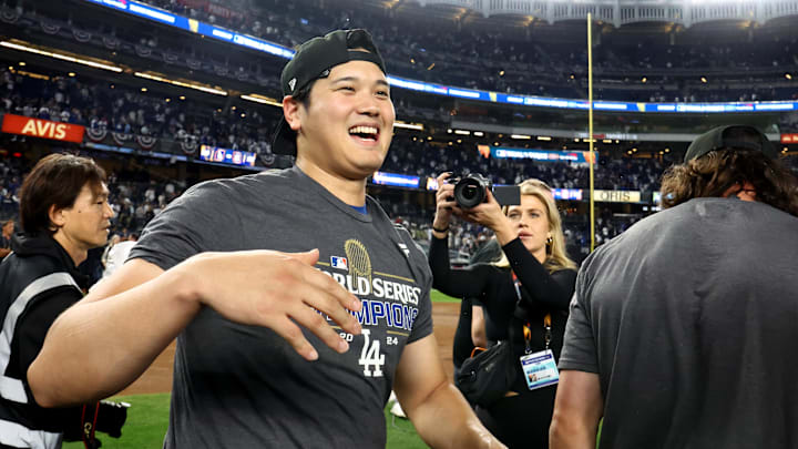Los Angeles Dodgers designated hitter Shohei Ohtani celebrates after winning the 2024 MLB World Series against the New York Yankees at Yankee Stadium. 