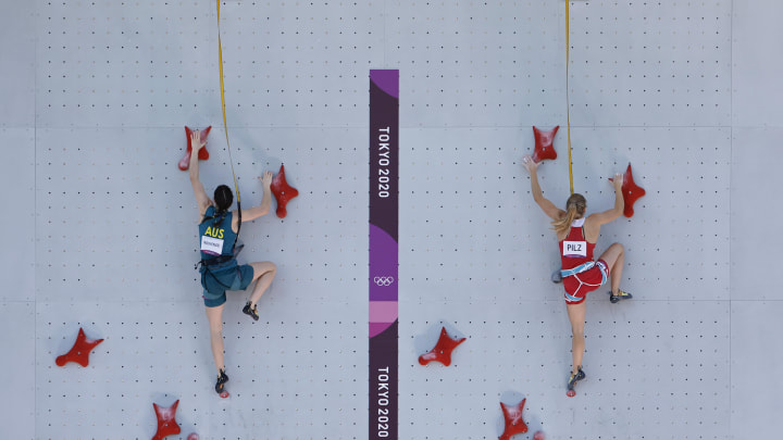 Aug 4, 2021; Tokyo, Japan; (L-R) Oceania Mackenzie (AUS) and Jessica Pilz (AUT) participate in speed qualification during the Tokyo 2020 Olympic Summer Games at Aomi Urban Sports Park. Mandatory Credit: Geoff Burke-USA TODAY Sports 