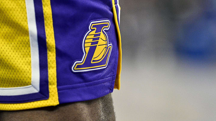 Dec 12, 2023; Dallas, Texas, USA; A of the logo of the Los Angeles Lakers on the shorts of forward LeBron James (23)  during the game between the Dallas Mavericks and the Los Angeles Lakers at the American Airlines Center. Mandatory Credit: Jerome Miron-Imagn Images